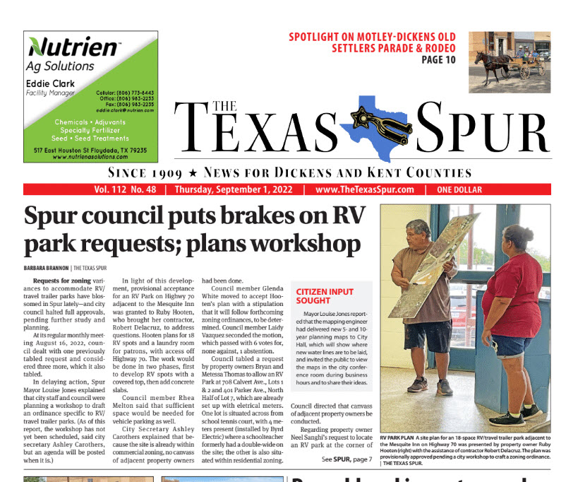 texas_spur's tweet photo. In tomorrow's Texas Spur we take a look at Spur City Council putting the brakes on the boom of RV Parks in Spur. https://t.co/tYFabVeFls
