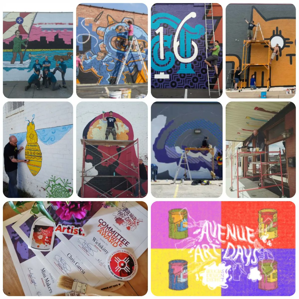 BrickmobBrickUp's tweet photo. 108 murals Avenue Art Days produced over 8 years & our crew created 7 official murals + 1 unofficial collab bee mural. What an amazing journey!
#murals #mural #MuralArt
#WallArt
#StreetArt #avenueartdays #aad #Wichita #douglasdesigndistrict #ddd #brickmobbrickup #brickmob https://t.co/OF3U3g9SHK