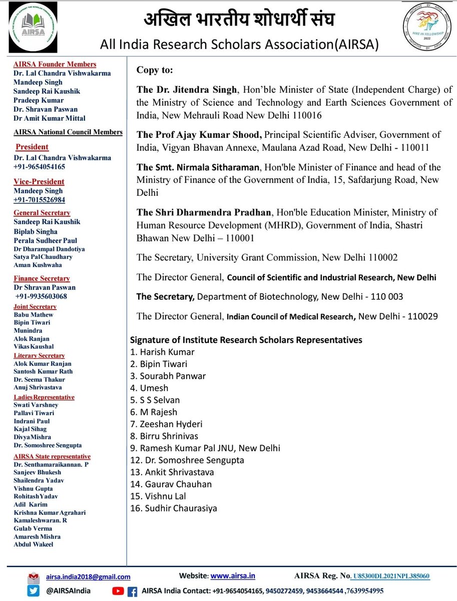 All India Research Scholars Association (@airsaindia) on Twitter photo Request to higher authorities for #Hike_In_Fellowship_22 with immediate effect <a href="/PMOIndia/">PMO India</a> <a href="/AjaySoodIISc/">Ajay Sood</a>
<a href="/DrJitendraSingh/">Dr Jitendra Singh</a> <a href="/mamidala90/">Mamidala Jagadesh Kumar</a> <a href="/dpradhanbjp/">Dharmendra Pradhan</a> <a href="/FinMinIndia/">Ministry of Finance</a> <a href="/PrinSciAdvGoI/">Principal Scientific Adviser, Govt. of India</a> <a href="/Xpress_edex/">Edex - The New Indian Express</a> <a href="/ravishndtv/">ravish ndtv</a> <a href="/ravishranjanshu/">Ravish Ranjan Shukla</a> <a href="/IndiaDST/">DSTIndia</a> <a href="/DBTIndia/">Department of Biotechnology</a> <a href="/ICMRDELHI/">ICMR</a> <a href="/CSIR_IND/">CSIR, India</a> @MAFTurkey <a href="/timesofindia/">The Times Of India</a> Request to higher authorities for #Hike_In_Fellowship_22 with immediate effect <a href="/PMOIndia/">PMO India</a> <a href="/AjaySoodIISc/">Ajay Sood</a>
<a href="/DrJitendraSingh/">Dr Jitendra Singh</a> <a href="/mamidala90/">Mamidala Jagadesh Kumar</a> <a href="/dpradhanbjp/">Dharmendra Pradhan</a> <a href="/FinMinIndia/">Ministry of Finance</a> <a href="/PrinSciAdvGoI/">Principal Scientific Adviser, Govt. of India</a> <a href="/Xpress_edex/">Edex - The New Indian Express</a> <a href="/ravishndtv/">ravish ndtv</a> <a href="/ravishranjanshu/">Ravish Ranjan Shukla</a> <a href="/IndiaDST/">DSTIndia</a> <a href="/DBTIndia/">Department of Biotechnology</a> <a href="/ICMRDELHI/">ICMR</a> <a href="/CSIR_IND/">CSIR, India</a> @MAFTurkey <a href="/timesofindia/">The Times Of India</a>