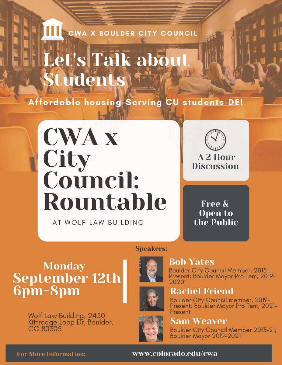 Free and open to community members and CU students! Join us for an exciting conversation with Boulder City Council members on Sept. 12th from 6-8pm. See you there!