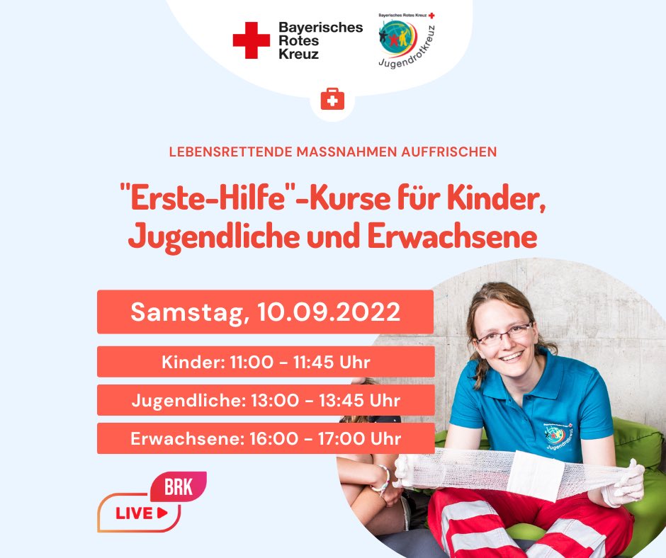 JRK_Bayern's tweet photo. ππ©Ή Kostenlose Onlinekurse am Tag der #ErsteHilfe zur Auffrischung der Erste-Hilfe-Kenntnisse.
Β
π
10.09.2022
π Kinder: 11:00-11:45
π Jugendliche: 13:00-13:45
π Erwachsene: 16:00-17:00
Β
β‘οΈ https://t.co/kDXE4YGhgu
// #drk #brk #RotesKreuz #weht2022 @brkaktuell https://t.co/L3Ff5gJkeZ