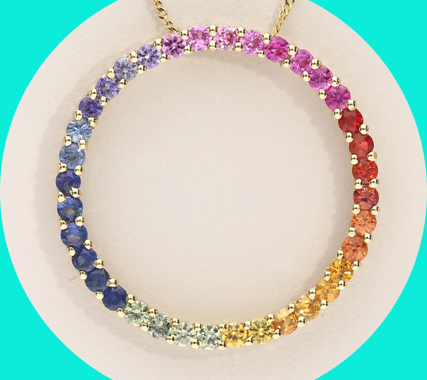 So fun! 1.10CT Diamond and topaz rainbow circle pendant necklace set in 14K yellow gold (3.1GM) with 20” chain. Bid today! #summernecklace #rainbownecklace #summerpendant #rainbowpendant #multigemjewelry #multigemnecklace ebay.com/itm/1254819472…