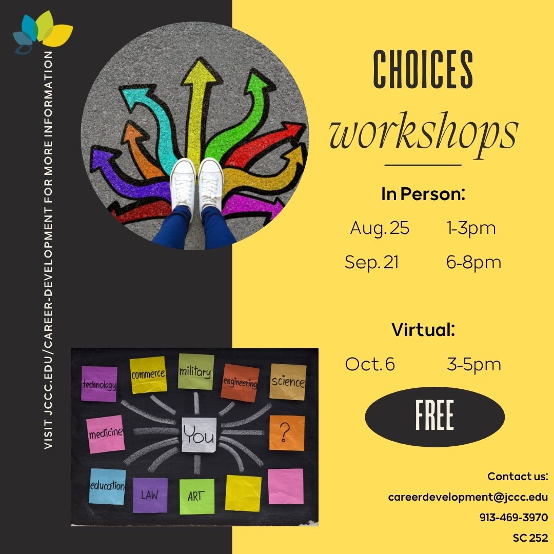 Unsure of how your personality may affect your preferences on major/career choosing and work environment? Sign up to our Choices Workshop for free to find out!

#choices #free #careerdevelopment #jccc #jcccommunity #inperson #virtual #workshops