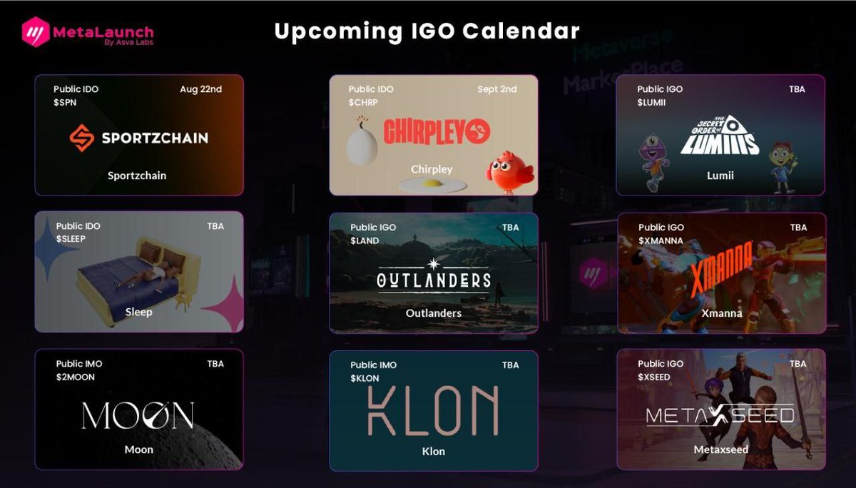 <a href="/MetaLaunch_io/">SuperPortal AI</a> Updated #IGO Calendar

🎮@Chirpley Sept 2
🎮<a href="/SPORTZCHAIN/">SPORTZCHAIN</a> Sept 6
🎮@Lumiiihq  Sept 22
🎮@SleepGame_ TBA
🎮@Moonmetaverse_ TBA
🎮<a href="/PlayOutlanders/">Outlanders</a> TBA
🎮<a href="/XMANNAOfficial/">XMANNA Official</a> TBA
🎮@Klon_ai TBA
🎮@Metaxseed TBA

Stay Tuned For More Details👀

#Whitelist #TokenSale #Crypto