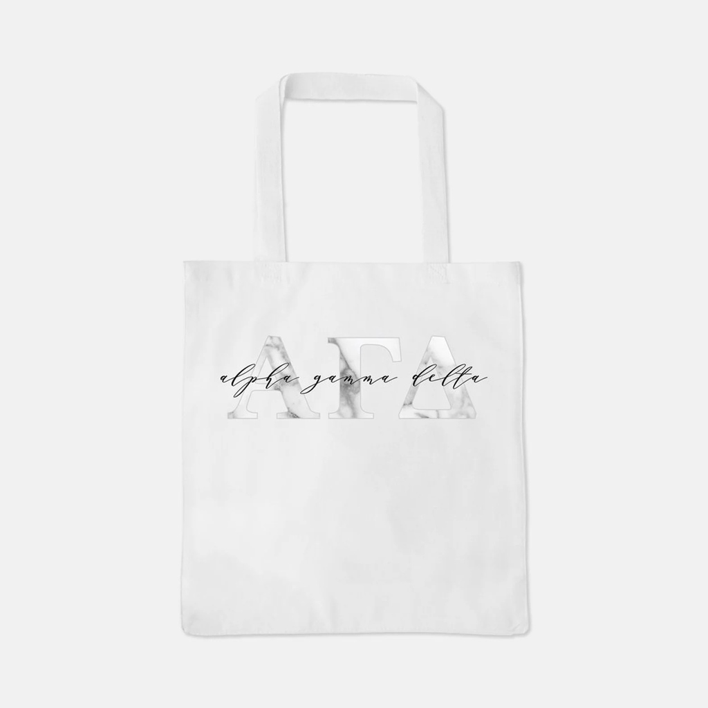 Simple, elegant, chic. Our Marble Greek Letters Tote is a classic!⁠
⁠
Perfect for on-the-go. 🤍 | sororitypackets.com