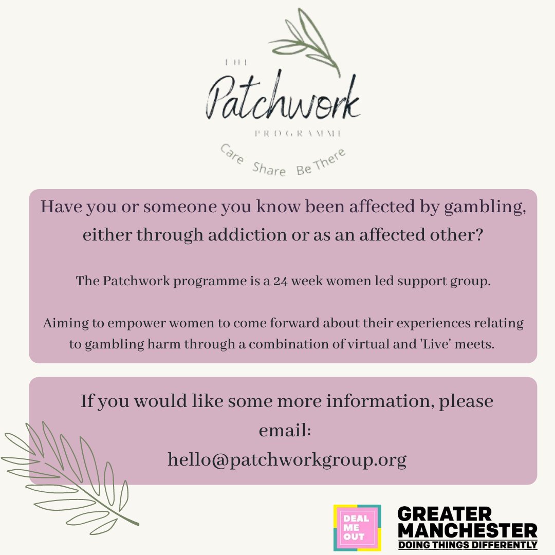 RochdaleCouncil's tweet photo. Have you or someone you know been affected by gambling? The 24 week Patchwork programme supports &amp; helps women in Rochdale, Bury &amp; Oldham affected by gambling harm; either through addiction or affected. Email hello@patchworkgroup.org. Sessions are both virtual &amp; in person. https://t.co/1yjMhkTqLi