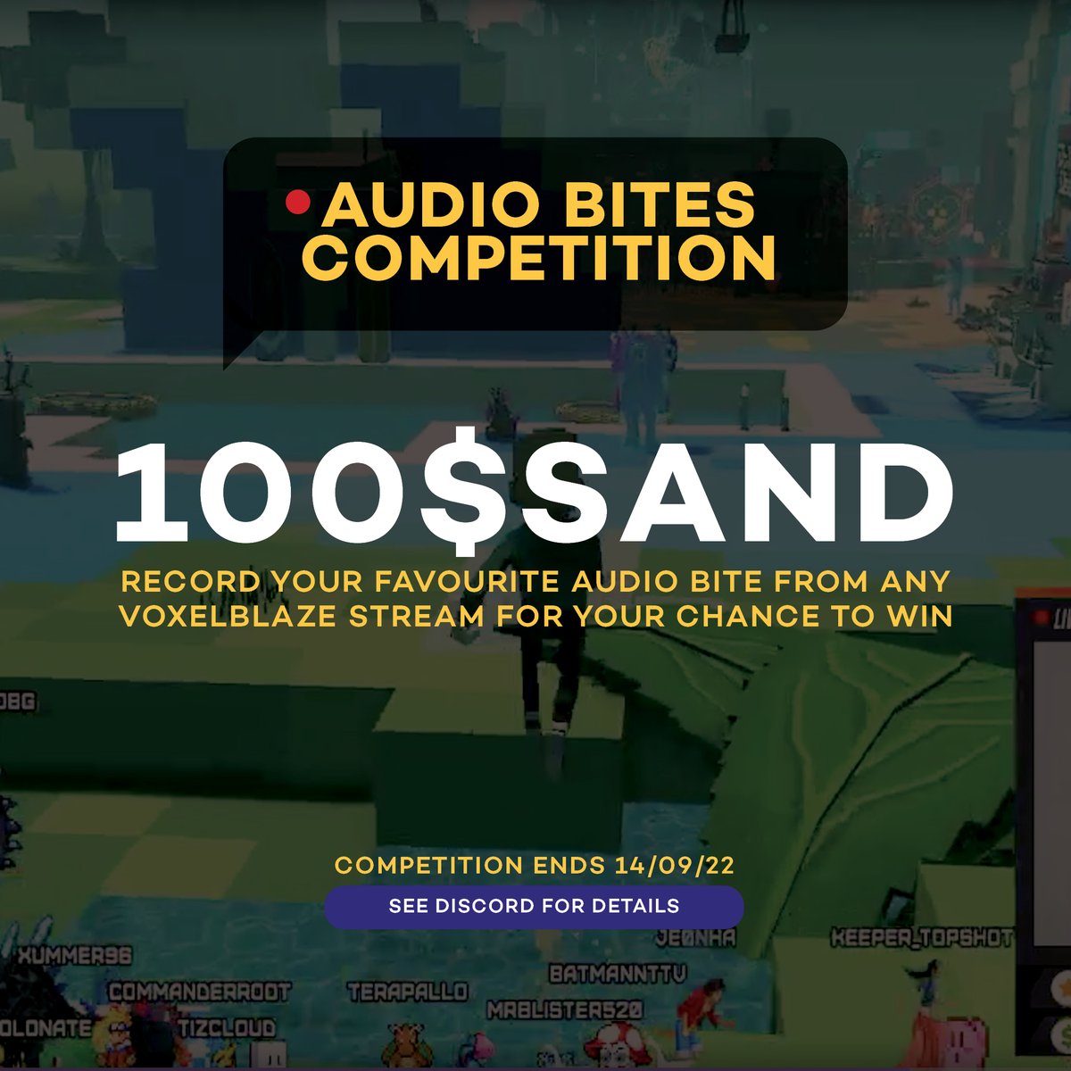 BlazeGamesAU's tweet photo. BITE ME!

Blaze Games is running a soundbite contest with five prizes of 100 $SAND each! Just clip your favourite soundbite from any @VoxelBlaze stream to win!

We stream every Monday, Wednesday and Friday 2:30pm AEST!

Check our discord for comp📜rules: https://t.co/0Ibig3feBW https://t.co/tk1d0zoUKP