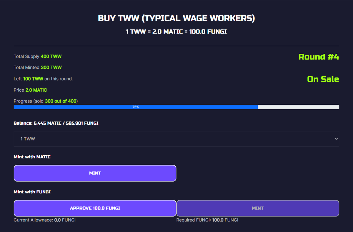 TeamFungibless's tweet photo. Round 4 Minting has begun. This round requires 2 MATIC per 1 TWW. Also 100 FUNGI can be exchanged for 1 TWW. FUNGI can be obtained as a reward per second by staking TWW. 

#PolygonNFT #NFT #MintingNow https://t.co/ZgKAG3ncxQ