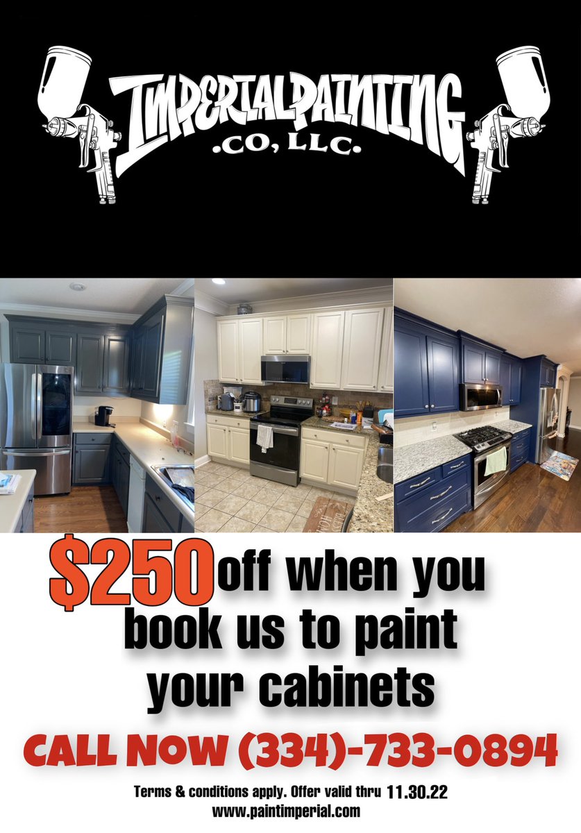 CEOkolbe's tweet photo. CALL NOW!

Call us &amp; get $250 off when you book us to paint your cabinets !

Reminder: the holidays are right around the corner so let us give your kitchen a makeover right in time for the holidays 🎄

Limited time offer valid thru 11.30.22
(Ozark, Dothan, Enterprise, Troy) https://t.co/QpxZ2dlYec