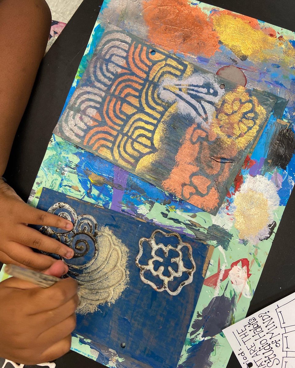 RuppMMS's tweet photo. Another day, another layer… added dry brush stenciling to our sketchbook covers today in art class. 🖌🎨 #mmsFAA https://t.co/tLWYJRNnM6