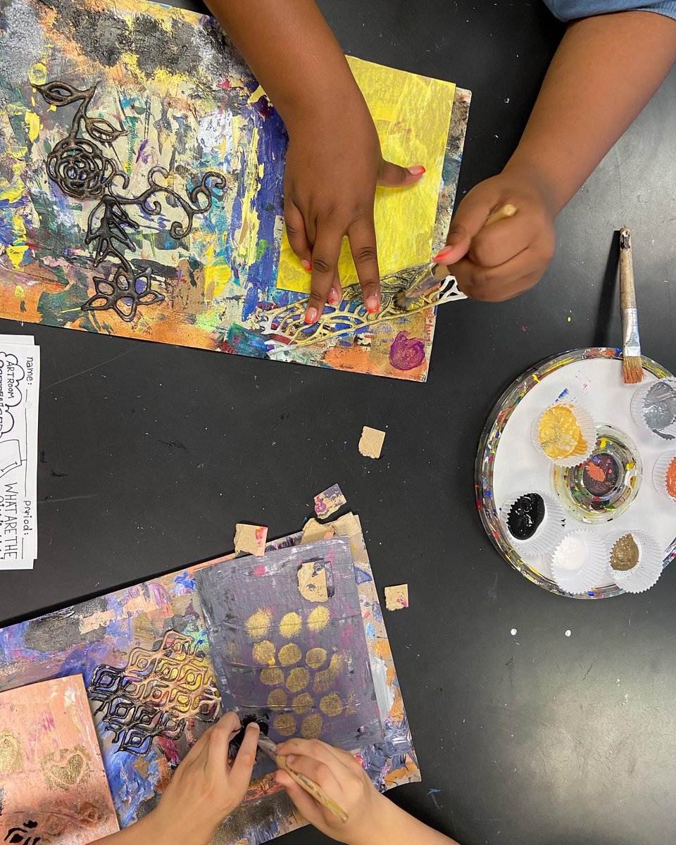 RuppMMS's tweet photo. Another day, another layer… added dry brush stenciling to our sketchbook covers today in art class. 🖌🎨 #mmsFAA https://t.co/tLWYJRNnM6