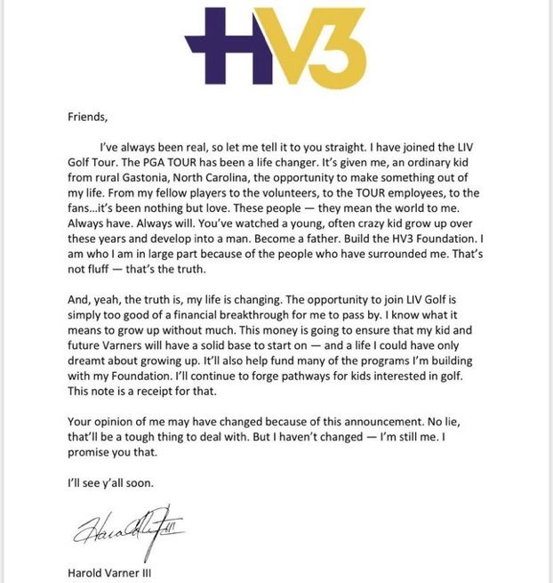 SportASmile's tweet photo. He has poured his heart into this note, as @HV3_Golf as always poured it into his golf. #Respect #HaroldVarner https://t.co/Unm1fTSwqn