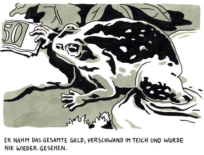 FrankNikol1's tweet photo. Er nahm das gesamte Geld, verschwand im Teich und wurde nie wieder gesehen.
(He took all the money, disappeared into the pond and was never seen again.)
.
.
.
#drawing #contemporaryart #contemporarydrawing #franknikol #kunst #art #comic #singlepanelcomic #cartoon #penandink https://t.co/DA7aLNGzSE
