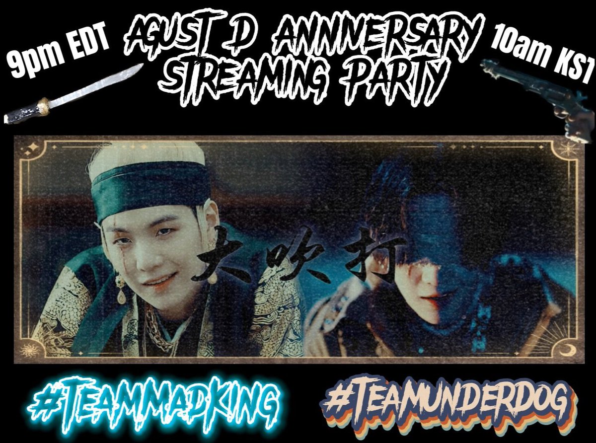kkukstudio's tweet photo. ARMYS ! 💜Join us for a fun streaming &amp; buying party/competition between #TeamUnderdog &amp; #TeamMadKing later today to celebrate the Anniversary month of Yoongi’s first mixtape #AGUSTD ! Playlists will include Yoongi’s discography and more🔥 https://t.co/HZDqRkyguu