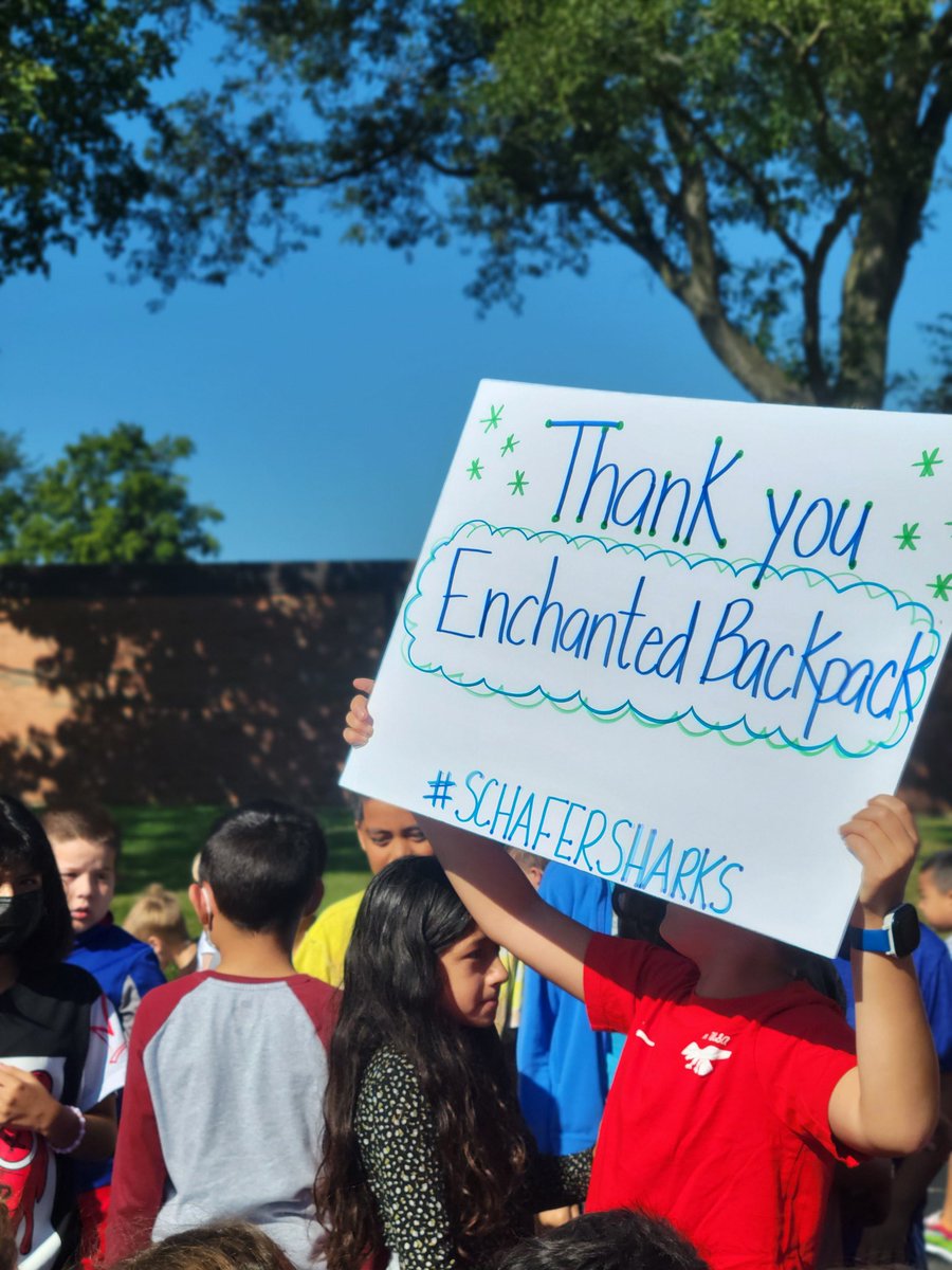 MrsBrasie's tweet photo. What a day at Schafer! Enchanted Backpack brought two full vans of donated school supplies for our Sharks! @enchantedbackpack @D45Schools @D45Schafer https://t.co/VQAnMuU8XP