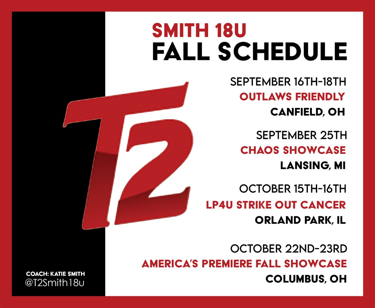 T2Smith18u's tweet photo. T2 Smith Fall Schedule. Excited to get back on the field! 
@Turnin2Softball @CUAA_Softball @AC_softball @Albion_Softball @MUCrusadersSB @AshlandUSball @LTUSOFTBALL @GVSUSoftball @IHartFastpitch https://t.co/VFChJkgJ93