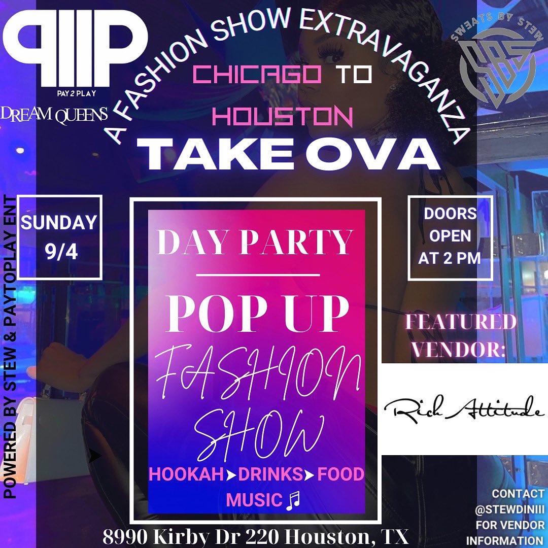 _shawnmitch's tweet photo. CHI➡️ HOU TAKEOVER
—Come party🥳
—Shop w/ Entrepreneurs🛍
— Watch the runway📸
Powered By: @_shawnmitch x @sweatsXstew
#chicagonexttopmodels #PayToPlayTour
@Amazon_goddess_ @bankgirljay @CheyYeezy_ @Miahbic @mayanitavia @The_simMs @jayvictoriaaa @Adriana_jolee @imb_kyla https://t.co/eBB7iiunSF