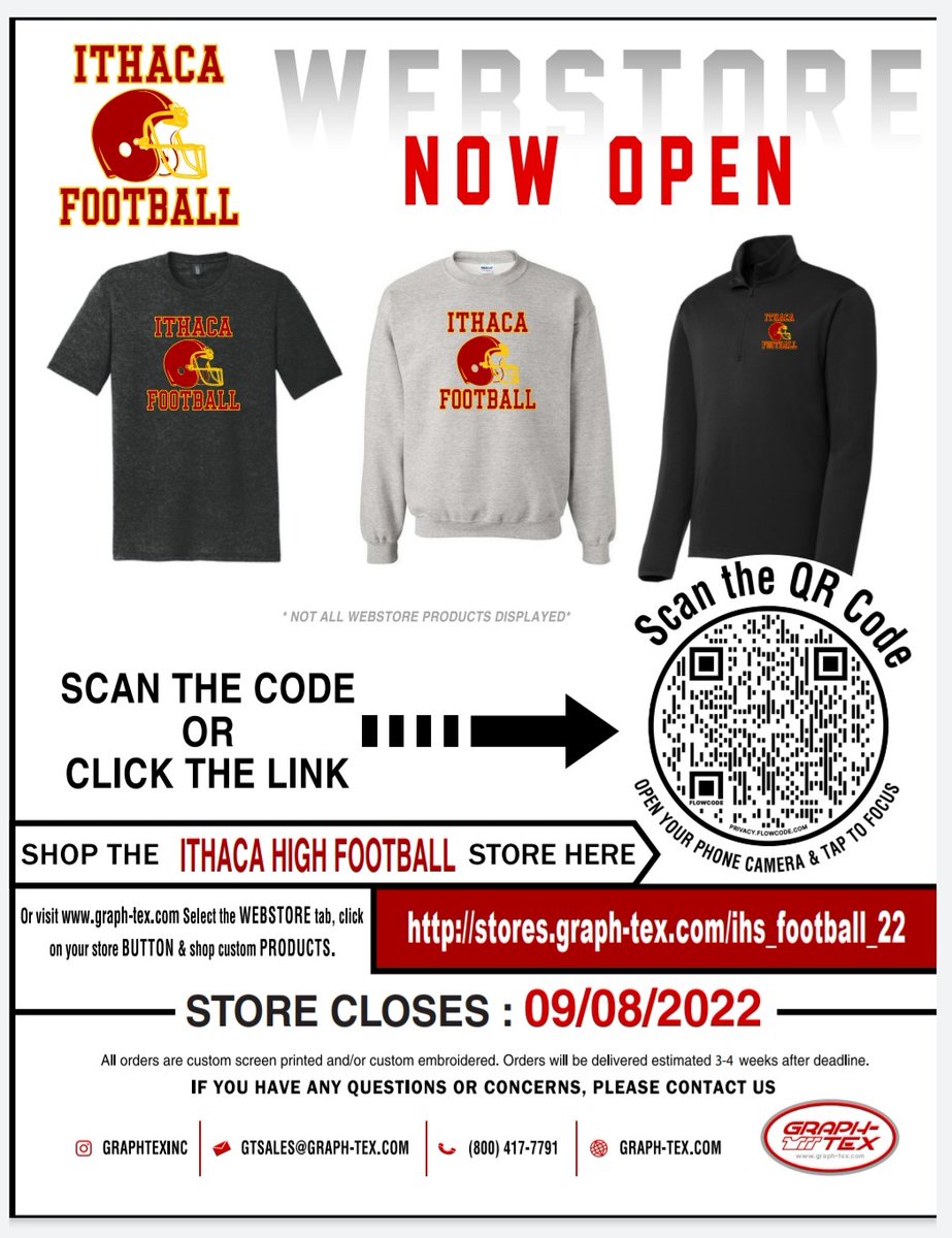 WEBSTORE IS OPEN!!!
SCAN THE QR CODE or CLICK THE LINK
stores.graph-tex.com/ihs_football_22

@AthleticsICSD <a href="/IthacaNYSchools/">Ithaca City School District</a> <a href="/CoachValletta/">Stephanie Valletta</a> <a href="/IHSAnnual/">IHS Annual </a>