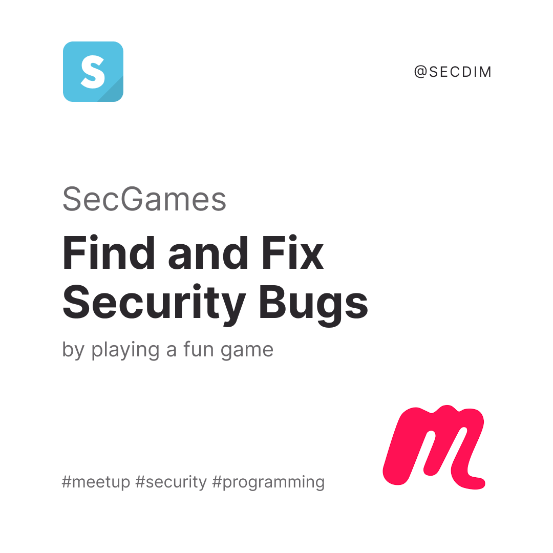 secdim's tweet photo. We have our inaugural SecGames event next Friday!
It's a fun filled meet up where we will find and fix #security bugs. Limited spots available!
Open to all interested in secure #programming.
Details in the #meetup https://t.co/YX2F46K3CH https://t.co/2MAQQnVa45