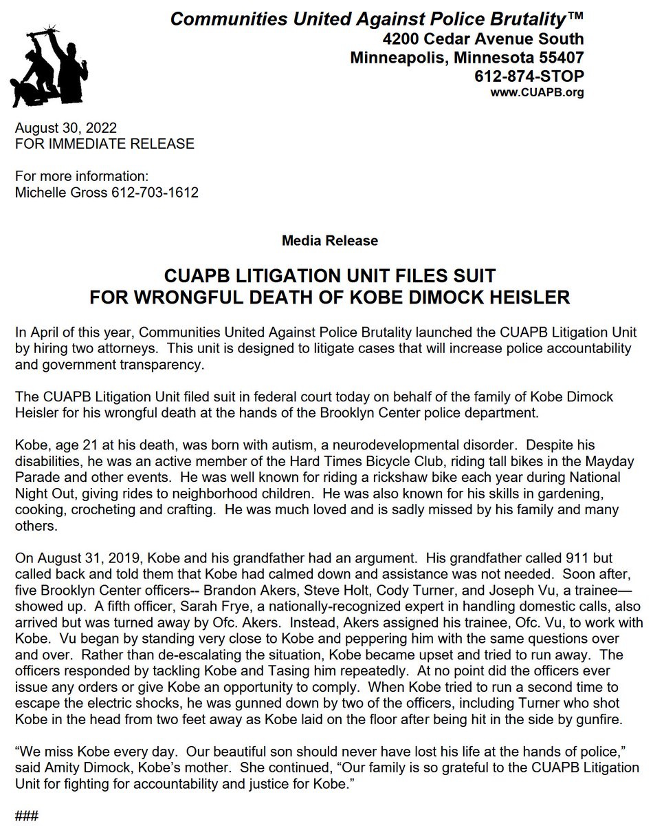 UR_Ninja's tweet photo. Three years after #KobeHeisler was #KilledByPolice, the Litigation Unit of @CUAPBMpls filed suit in federal court today on behalf of his family for his wrongful death at the hands of the Brooklyn Center police department in 2019.
For more on Kobe Heisler: https://t.co/yOmapQ9DIT https://t.co/XNY3rc0plf