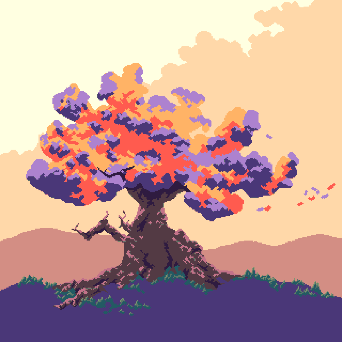 pumpinglemmadev's tweet photo. A nice fall tree made with the Autumn Glow palette #pixelart https://t.co/sNZPEa8Sw2