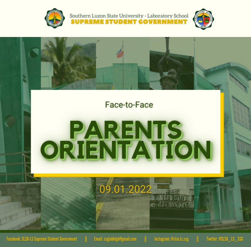 SLSU_LS_SSG's tweet photo. 📍ANNOUNCEMENT

Tomorrow is the Face-to-Face Parents Orientation that will be held at SLSU Gymnasium.

Junior High School - 9:00 AM
Senior High School - 1:00 PM

Reminder: ATTENDANCE IS A MUST!

See you there! 💚

#TheLabSchool⚖️ https://t.co/l6h7vYEMwP