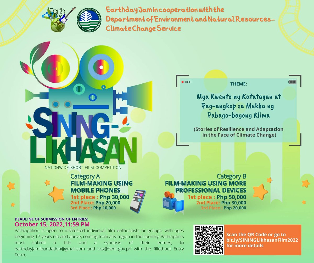 DENROfficial's tweet photo. CHECK THIS OUT👇 Earthday Jam Foundation, in cooperation with DENR Climate Change Service, presents SINING-LIKHASAN Nationwide Short Film Competition, Sining Para sa Klima at Kalikasan.
Join now and get your work recognized! #ClimateChangePH https://t.co/m0mUVr7xB4