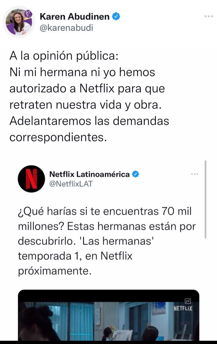 Marianiniecheve's tweet photo. Deben estar temblando los de Netflix por las demandas de Karen Abudinen. 

Y pues, que gasten en abogados algo de los 70 mil millones ya que no los han devuelto. https://t.co/9eLadiu3e1