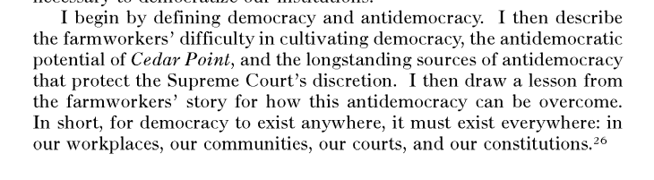 .@nikobowie's Harvard Law Rev comment on the Cedar Point decision (prohibiting union organizers from entering farmland) has some nice theorizing of democracy and labor. gated: heinonline.org/HOL/LandingPag…