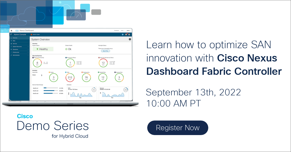 ciscoDC's tweet image. Want to reduce the time you spend on data center management and maintenance? Meet Cisco Nexus Dashboard Fabric Controller. Join Cisco experts on September 13 to learn about the solution’s SAN capabilities. #CiscoDemoSeries #CiscoNexusDashboard

cs.co/6019MycXf