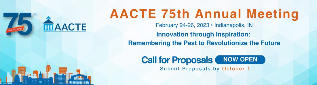 AACTE invites proposal submissions for its 75th Annual Meeting, February 24 – 26 in Indianapolis, IN. Under the theme, “Innovation through Inspiration: Remembering the Past to Revolutionize the Future,” AACTE is accepting proposals through 10-1. bit.ly/3x4NiGP #AACTE23