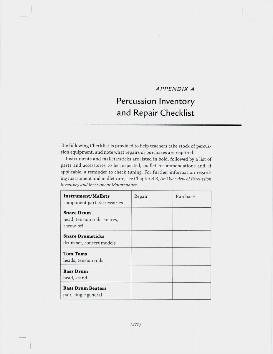 PercussionGuide's tweet photo. #BandTeachers, it's time to review your #percussion inventory. This list from my Band Teacher's Percussion Guide (Oxford University Press) should help. Look to The Guide to answer your questions on playing and teaching percussion. Wishing you a successful year #MusicEd, #OUPMusic https://t.co/D62QmzH8OP