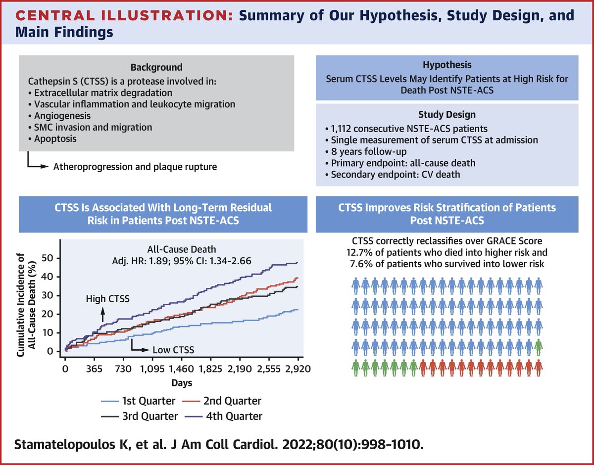 Finally out in @jaccjournals: circulating cathepsin S is a predictor of long-term mortality and improves risk stratification of patients with NSTE-ACS. A novel residual risk biomarker or a therapeutic target? Read more here: jacc.org/doi/10.1016/j.… @dzhk_germany