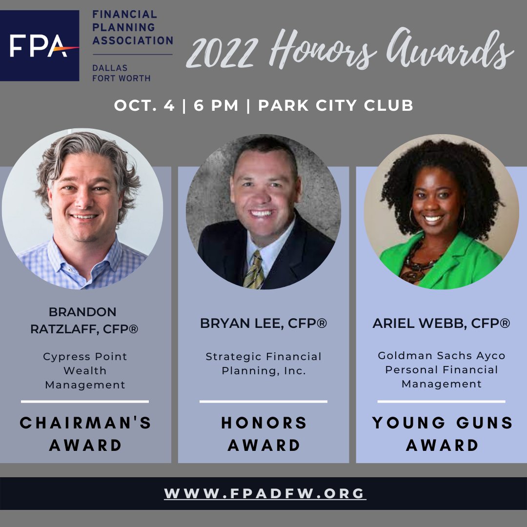 FPA DFW proudly announces the recipients of the 2022 Honors Awards. These awards are the highest honor that FPA DFW presents. Congratulations to all of the winners! @BrandonR_CFP <a href="/bleesfp/">Bryan Lee</a> 
Visit bit.ly/3e8lMl4.