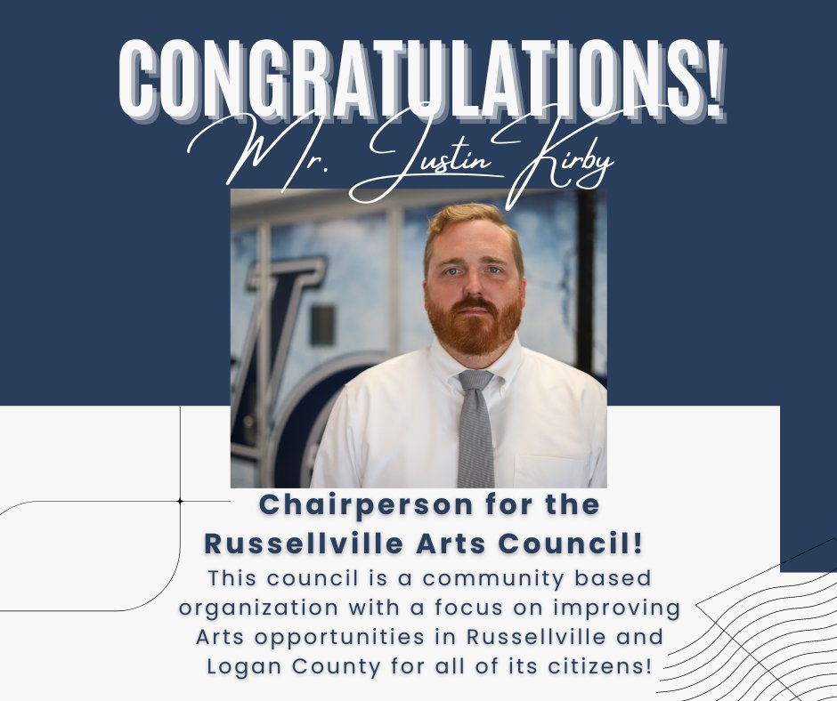 CougarsLCHS's tweet photo. Congratulations Mr. Justin Kirby!! KDE Visual and Performing Arts Advisory Panel member as well as the newest Chairperson for the Russellville Arts Council! Thank you for working diligently to improve Arts opportunities in Russellville and Logan County! 
#LCPride #CougarNation https://t.co/DmUSlt5iJf
