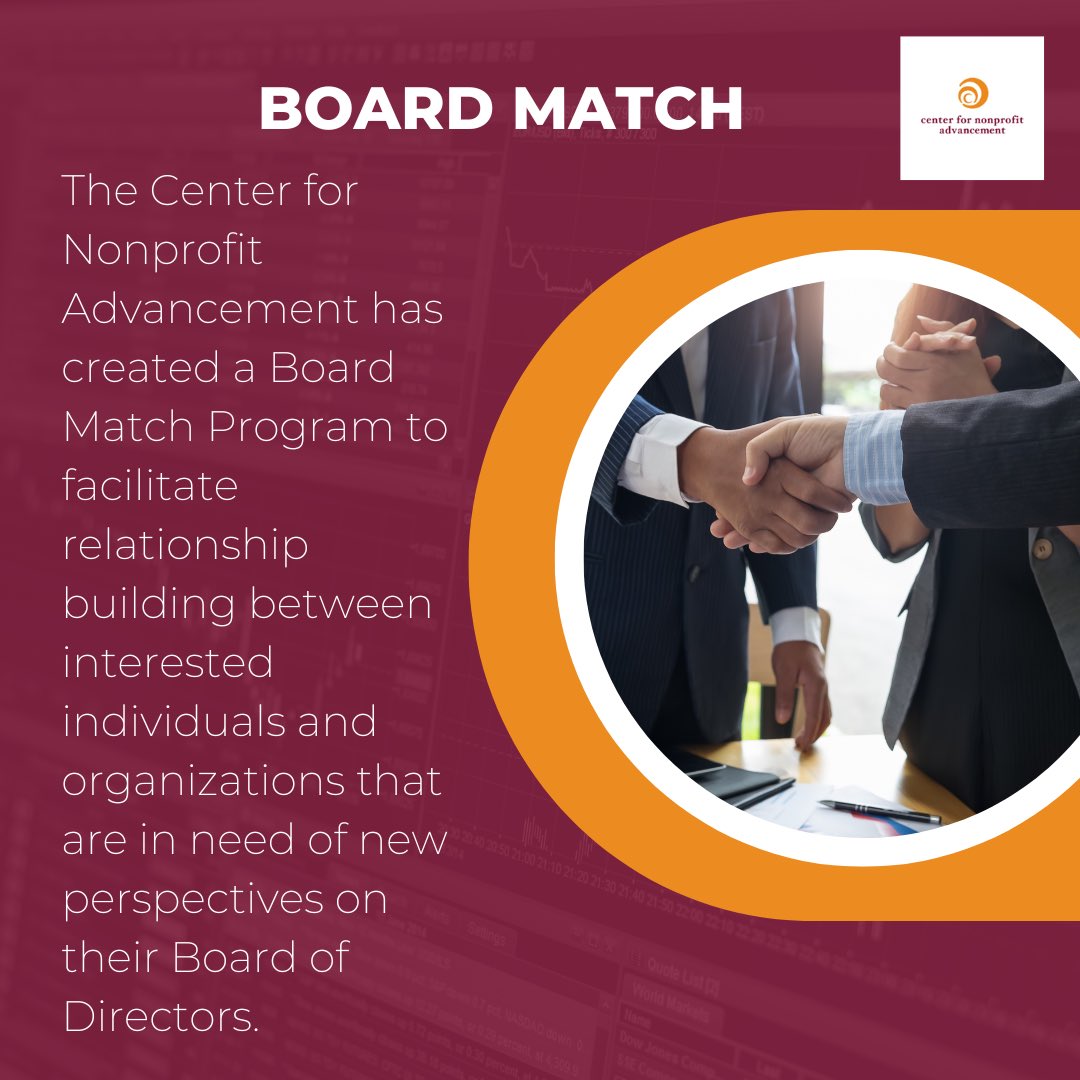 CenterNonprof's tweet photo. Thinking of joining a nonprofit board? The Center’s Board Match program can help you find the right one.

Learn more about our Board Match program: https://t.co/RaaEsHdvw2

Apply to #BoardMatch now, and the fee for Board Basics A to Z  is included. https://t.co/0QT5vB8urw