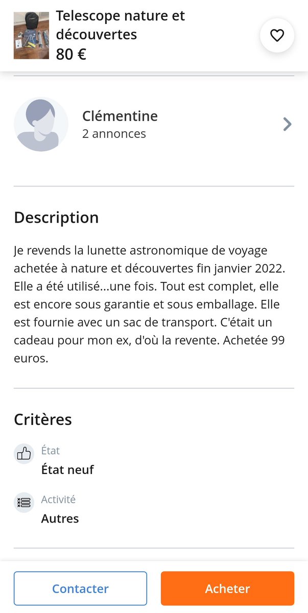 Motif de revente : Clémentine a un peu le seum... Petite perle du boncoin 😬