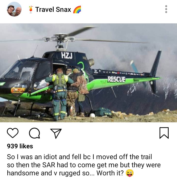 Instagram post depicting Lucius being taken away in SAR chopper. Reads 'So I did something stupid today and hurt myself but the rescue guys were hot so win?'