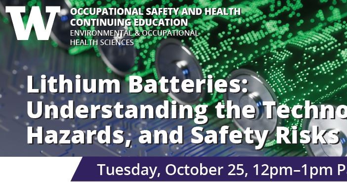 UWDEOHSCE's tweet photo. Join a one-hr webinar on lithium battery tech, growing use in many manufacturing &amp; commercial applications, and incidences of explosions, fires &amp; injuries. Audience: Fire safety professionals, 1st responders, industrial hygienists, and health &amp; safety. https://t.co/EPTprSoWpv https://t.co/m7nVhKWSdN
