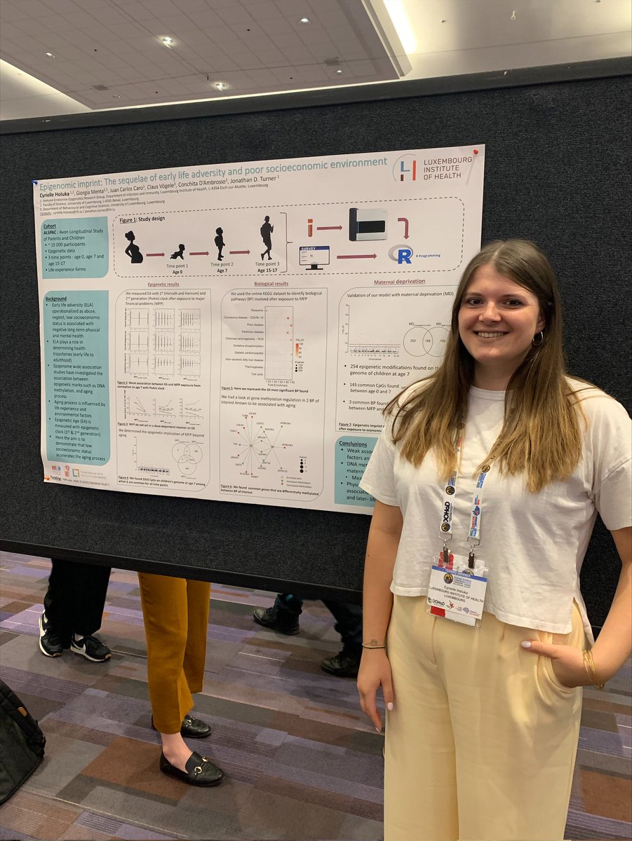 I am thrilled watching my mentee, colleague and friend @cyrielle_holuka from @IEE_Research_Gp presenting her PhD poster presentation at the @DOHaD2022 🎊🇨🇦 You must check out her work on 🧬epigenetic ageing 🤰🏻🤱🚸, epigenetic clocks 🕰️ and socioeconomics 💰 #poster156 #DOHaD2022