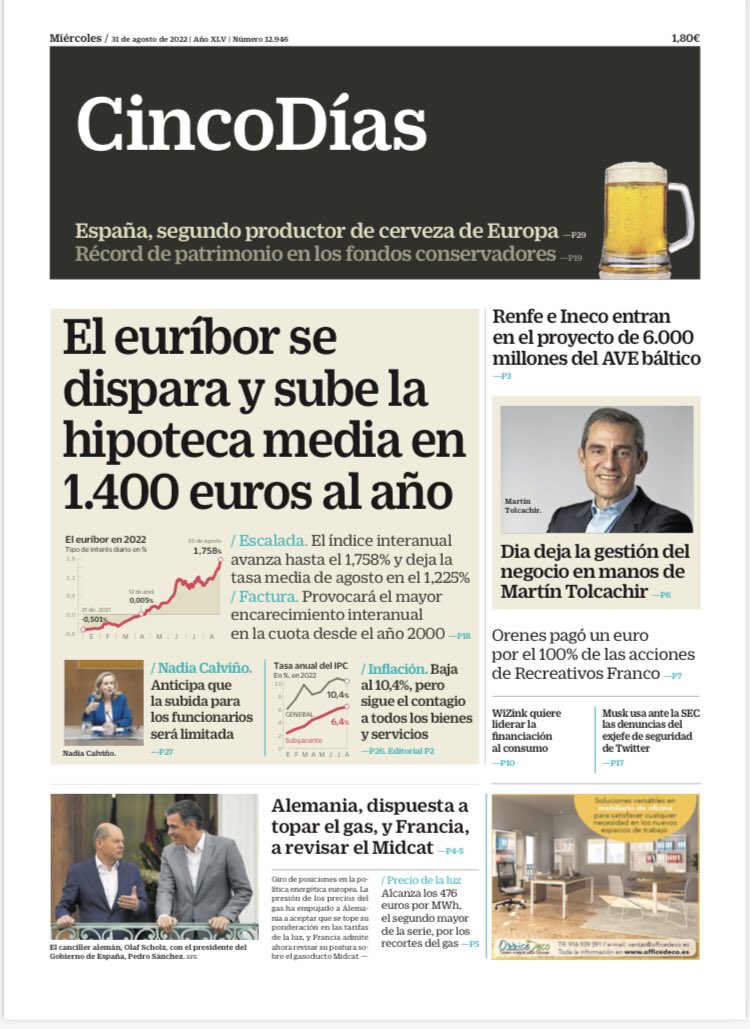 JuanjoMorodo's tweet photo. ‘El #euríbor se dispara y sube la #hipoteca media en 1.400€ al año’; ##Alemania, dispuesta a topar el #gas, y #Francia, a revisar el #Midcat; #Renfe e #Ineco entran en el proyecto de 6.000MM€ del #AVE báltico; #Orenes pagó 1€ por el 100% de las acciones de #RecreativosFranco https://t.co/lxjsGVOJO5