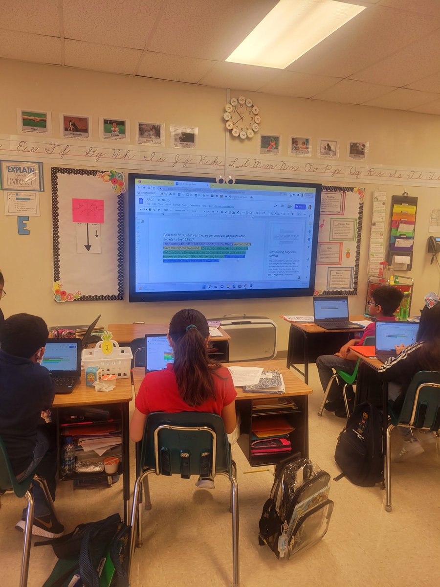 OESFifth108's tweet photo. Mrs. Melendez's class having so much fun using the RACE writing strategy for text evidence. 🤩💚🙌✍️ https://t.co/rTxY9UL9tN
