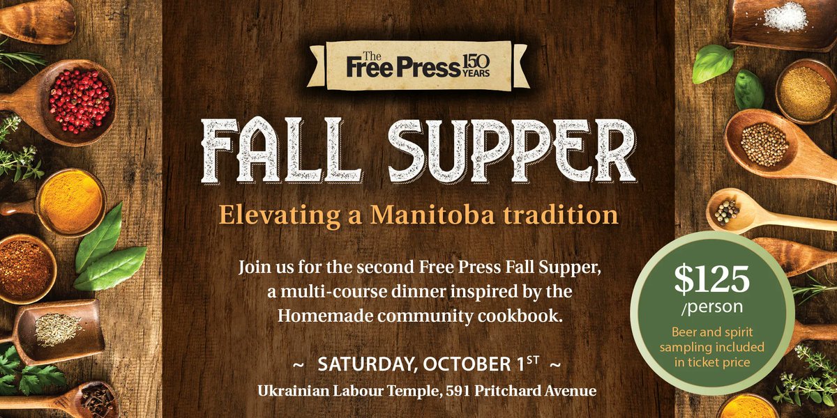 evawasney's tweet photo. It's baaaack! Join us for the Free Press Fall Supper on Oct. 1 at the Ukrainian Labour Temple.

The menu is inspired by recipes submitted to the Homemade community cookbook w/ $25 from each ticket going to @harvestmanitoba. Get yours here: https://t.co/tDnPYWmjsu #wfp https://t.co/Ln703MQ6OO