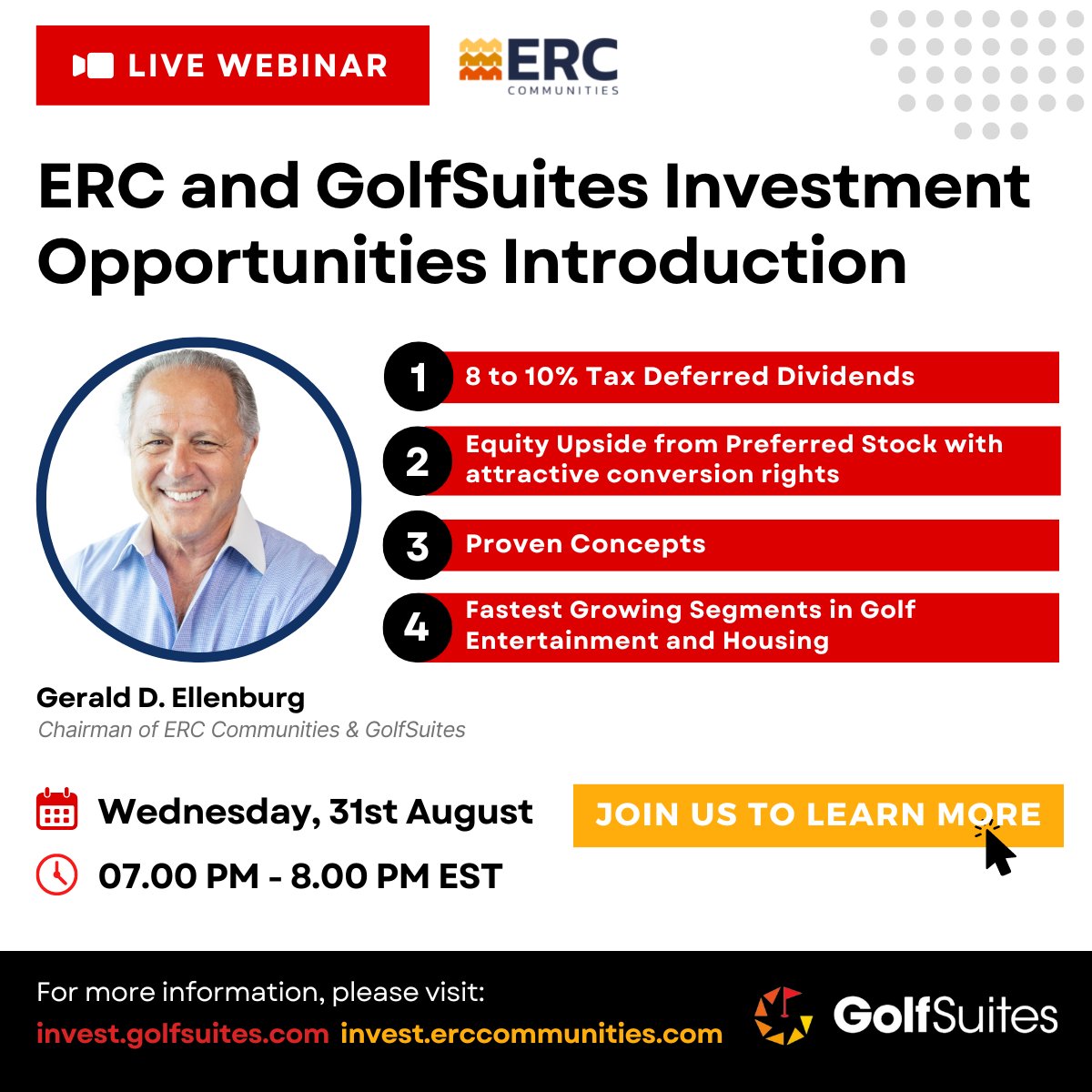 GolfSuitesInc's tweet photo. One Chairman, Two Companies.  

Join us for an informational session to discuss the unique opportunity to invest in ERC Communities and GolfSuites.

Register here: https://t.co/dPTHvt2tcY

- - -
#golf #golfer #golfing https://t.co/jJizH0MnCu