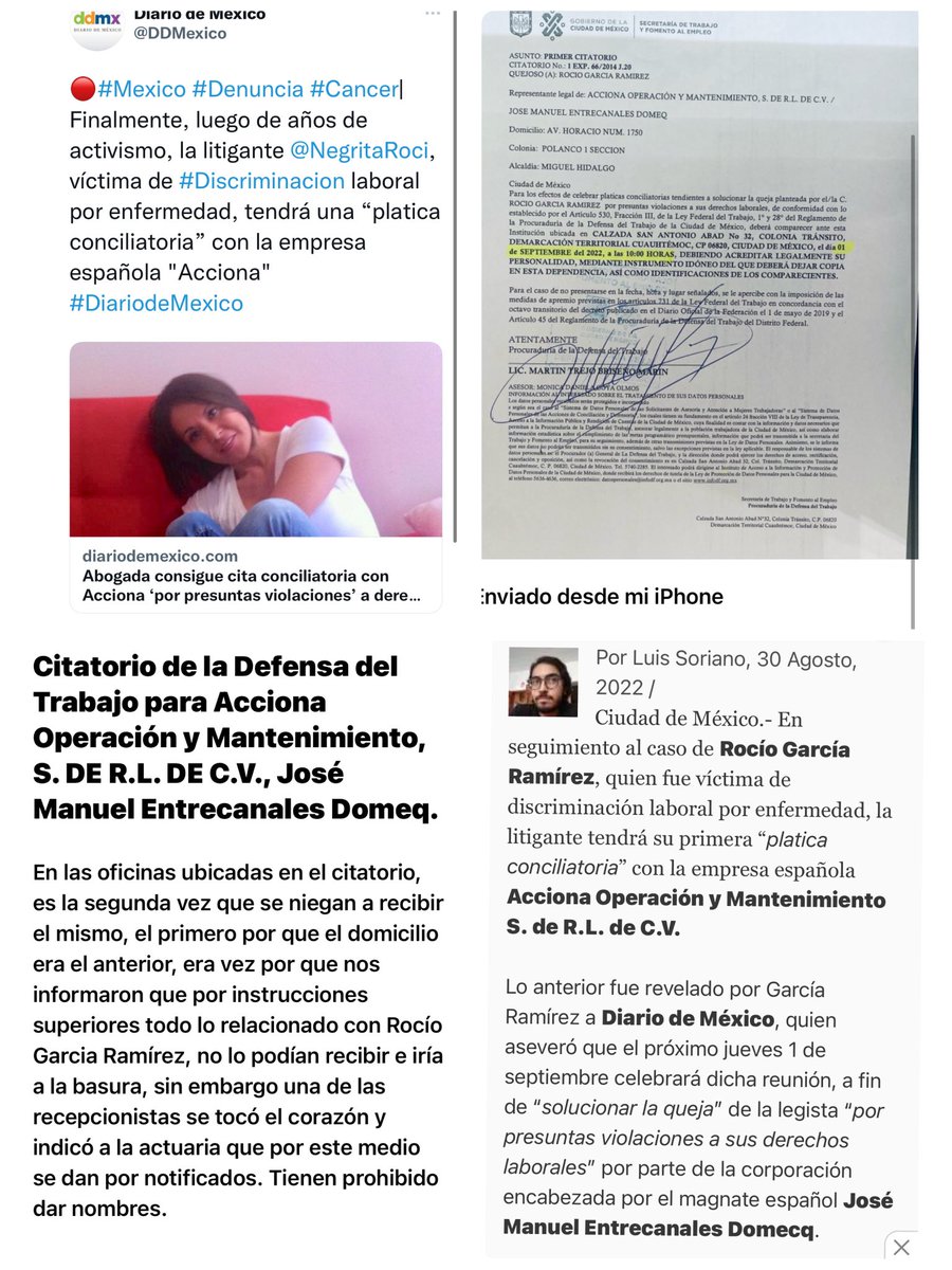 RocioGarciaRam's tweet photo. Rocío Garcia Ramírez,mujer discriminada x cáncer,consigue cita conciliatoria con la empresa #Acciona,por violaciones a sus Derechos Laborales #CimaFundacionMX #FUCAMM #Surviverscancer #cancerwarriors_ #CMMetastasico #MxSinCancer #ForoCancerMama #amlccorg #uicc https://t.co/Z3rMlqX9ll