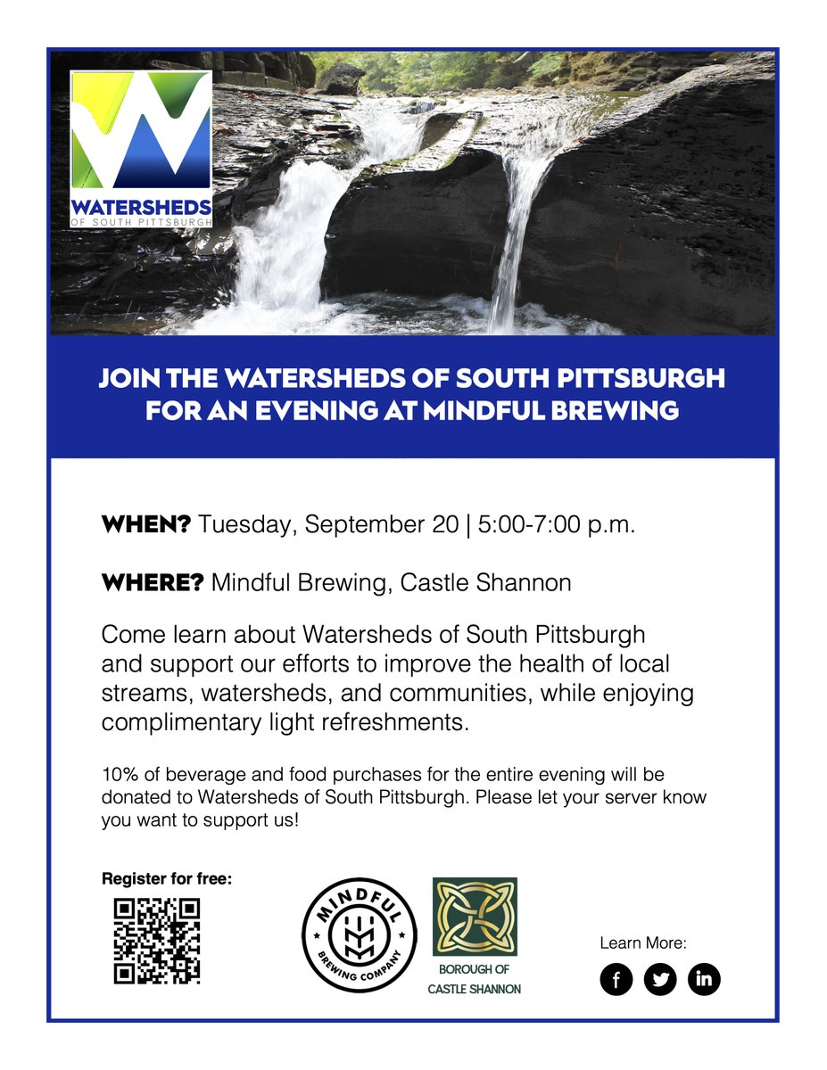 wospgh's tweet photo. Visit @mindfulbrewing in Castle Shannon on Tuesday, September 20 to support Watersheds of South Pittsburgh. 10% of food and beverage purchases will be donated to our organization!

Register today: https://t.co/jxYCAB7MQo https://t.co/lMWYwfPpNw