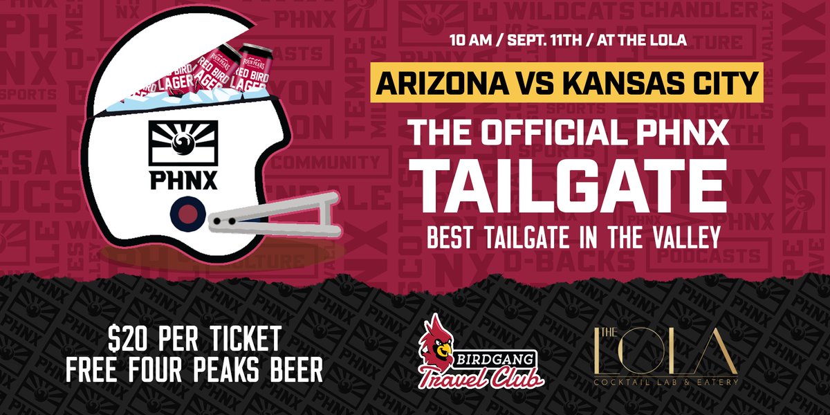 It's time for the BEST TAILGATE in Arizona! Kickoff football season with us and @birdgangtravel! 🏈 #BirdCityFootball vs. #ChiefsKingdom 🗓 September 11th 10:00AM 📍The Lola 🍻Four Peaks Beer 🎶DJ, giveaways + more! TICKETS:eventbrite.com/e/arizona-vs-k…