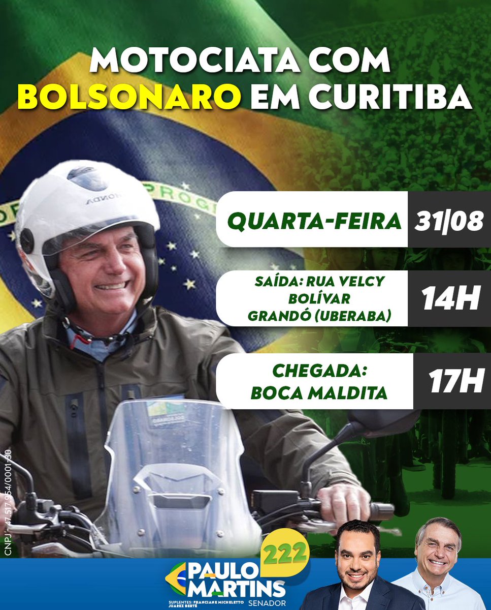 PauloMartins10's tweet photo. Atenção, patriotas do Paraná!
O presidente Bolsonaro vai estar em Curitiba, amanhã.
O trajeto será até a Boca Maldita, onde o presidente fará um pronunciamento.

Nos vemos por lá!🇧🇷🇧🇷🇧🇷 https://t.co/8Px24gYtMV