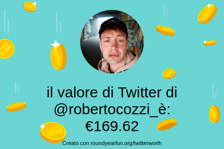 robertocozzi_'s tweet photo. Il valore del mio Twitter è di: €169.62

Trova il tuo con https://t.co/EIRr9LWtT4

⠀ https://t.co/oivSB5fjFA