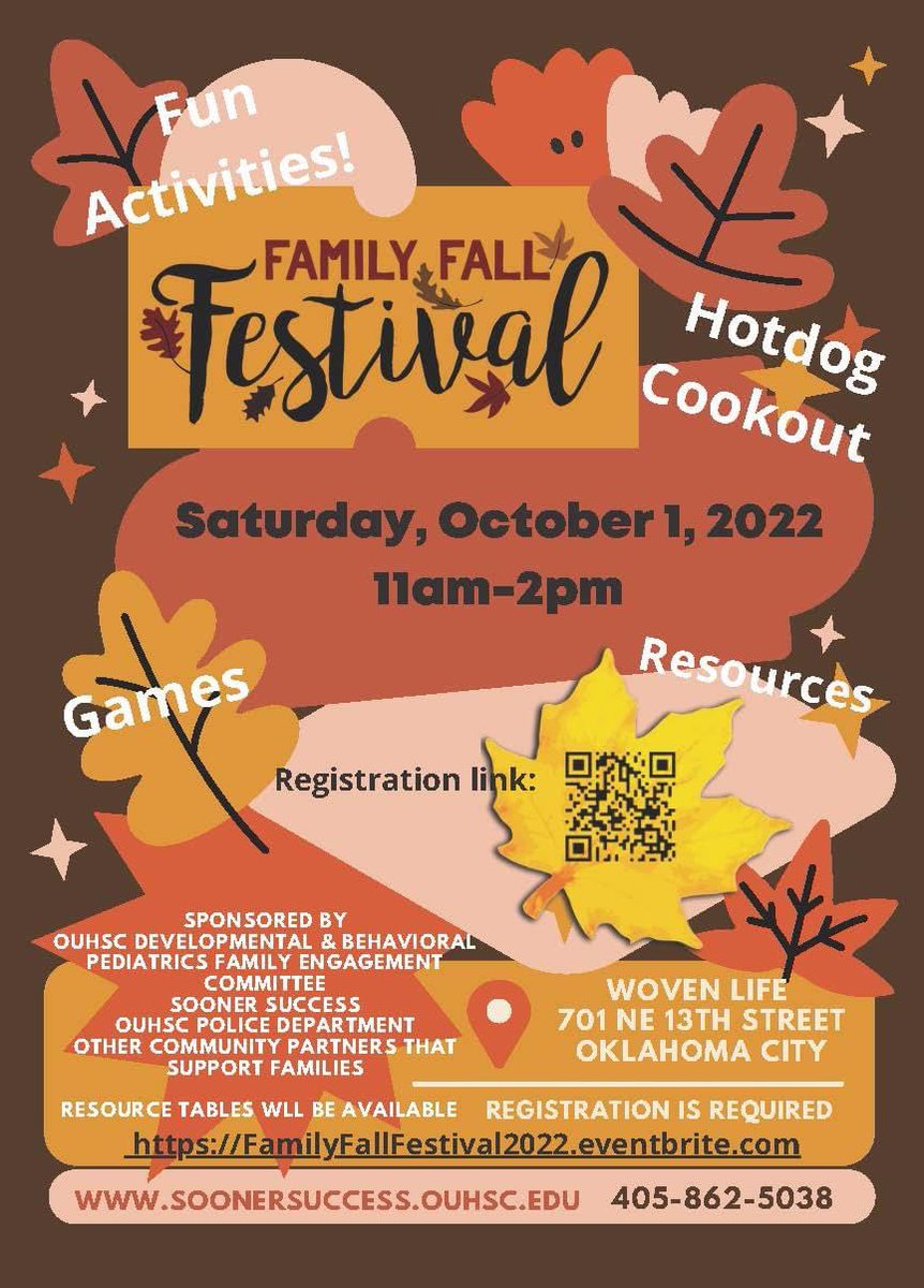 SoonerSUCCESS's tweet photo. Please join us for our Family Fall Festival on Saturday, October 1st, 11am-2pm at WovenLife parking lot (701 NE 13th St, OKC), we will have fun activities, resource booths, games and activities, hot dog lunch!!! Registration required. https://t.co/8XZl0gaxhB https://t.co/cIQcgHMwcq